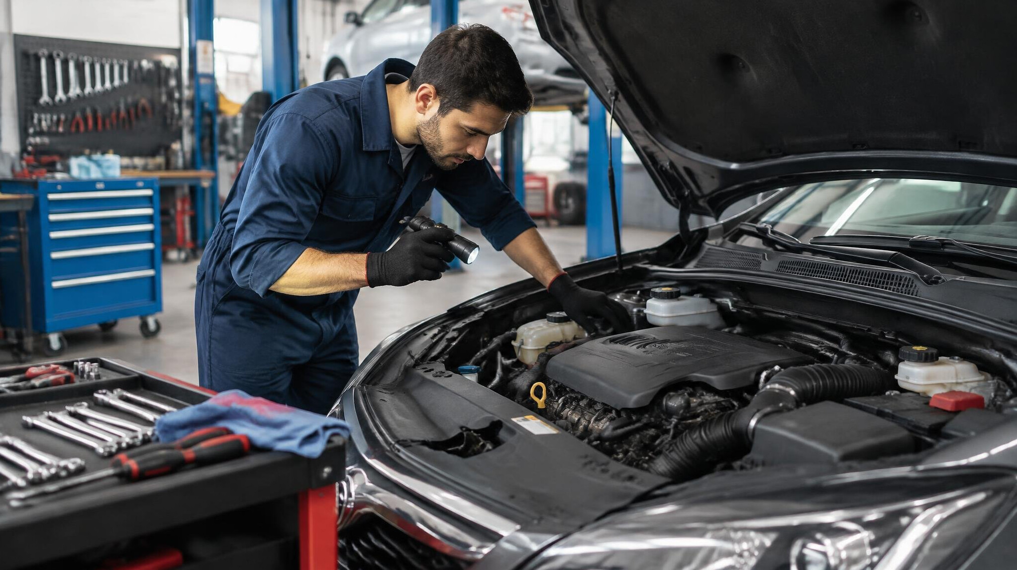 mechanic checking car engine