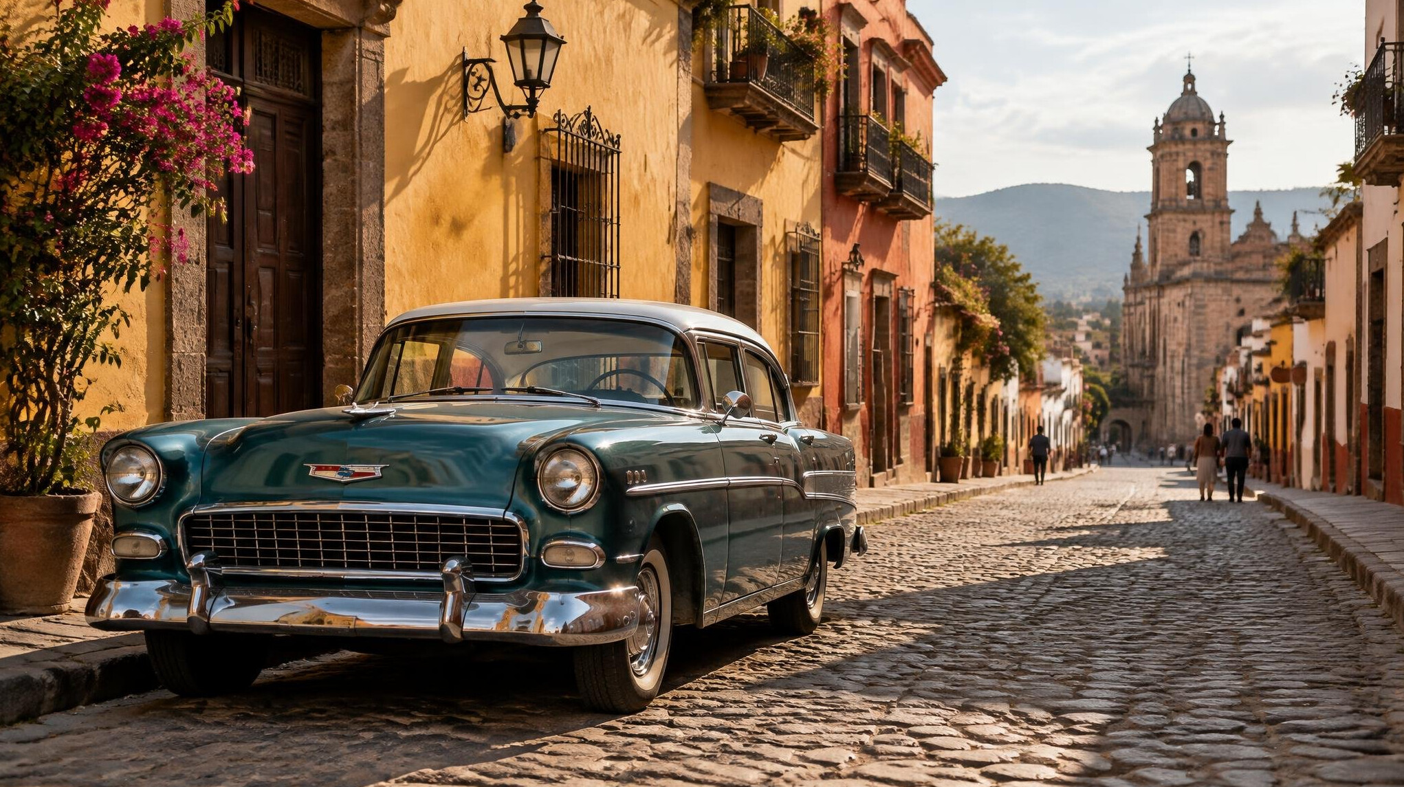Vintage car on a historic cobblestone street