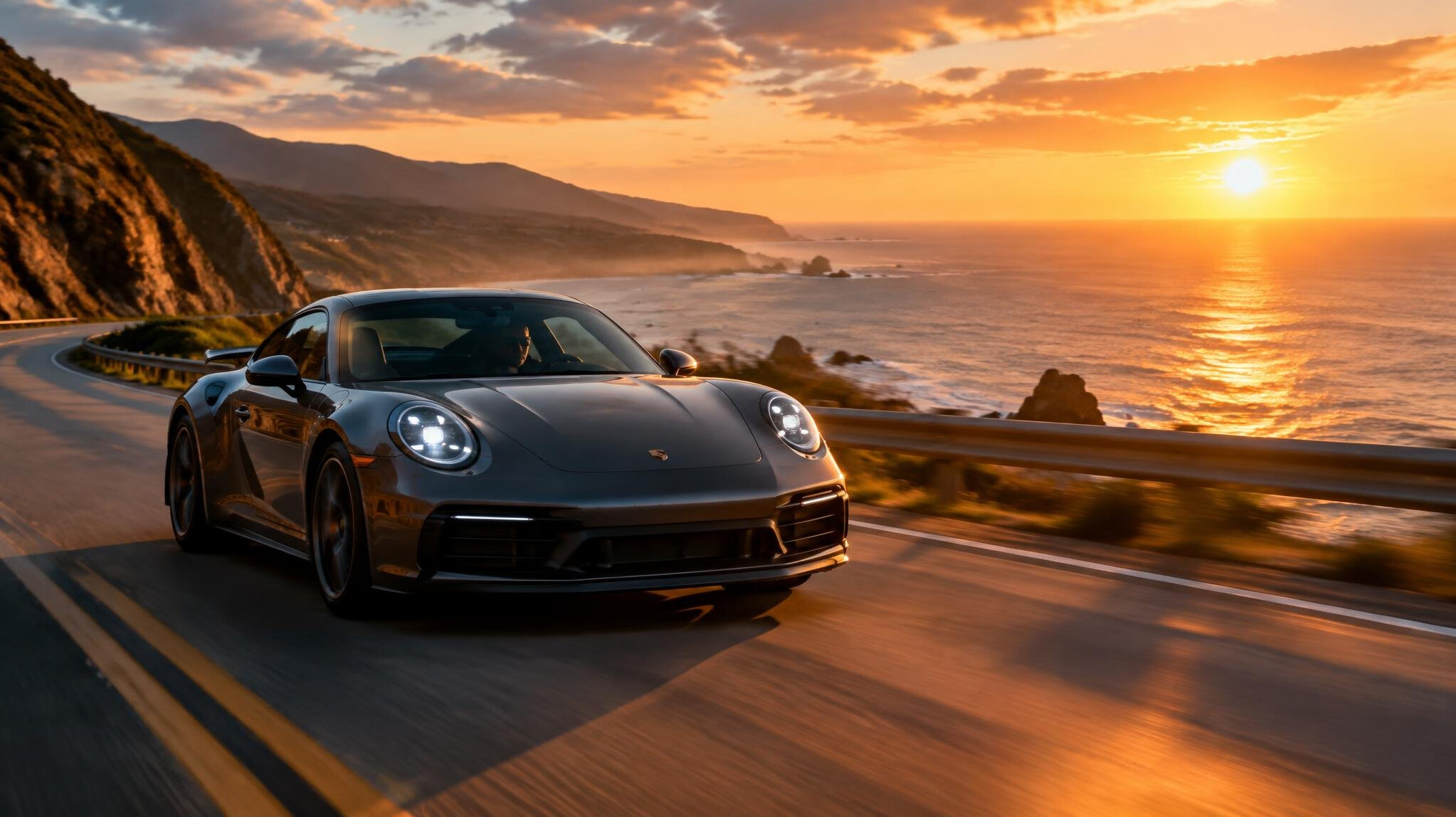 Sports car driving along a scenic coastal road