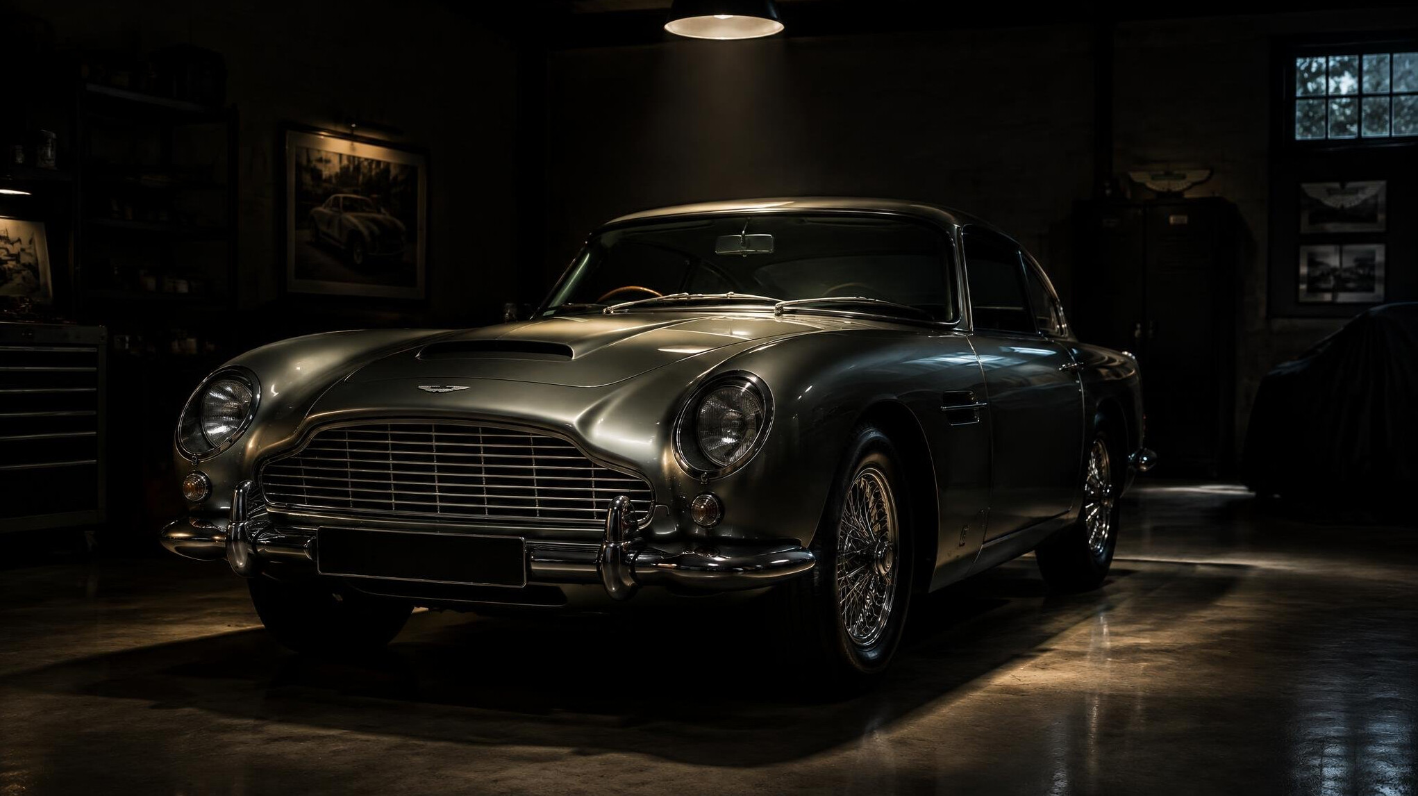 Vintage car inside a dimly lit private garage