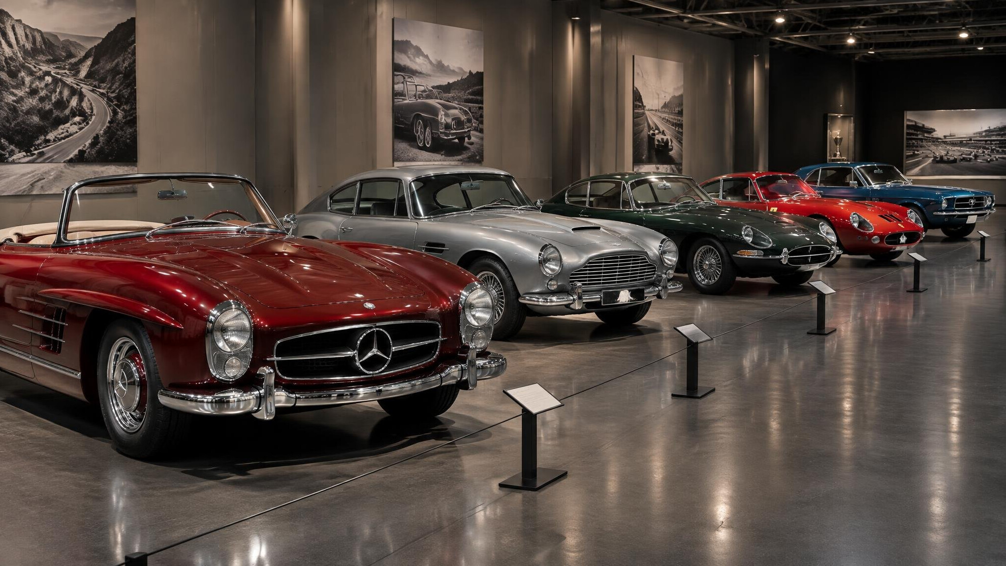 Collection of classic cars inside an exhibition hall