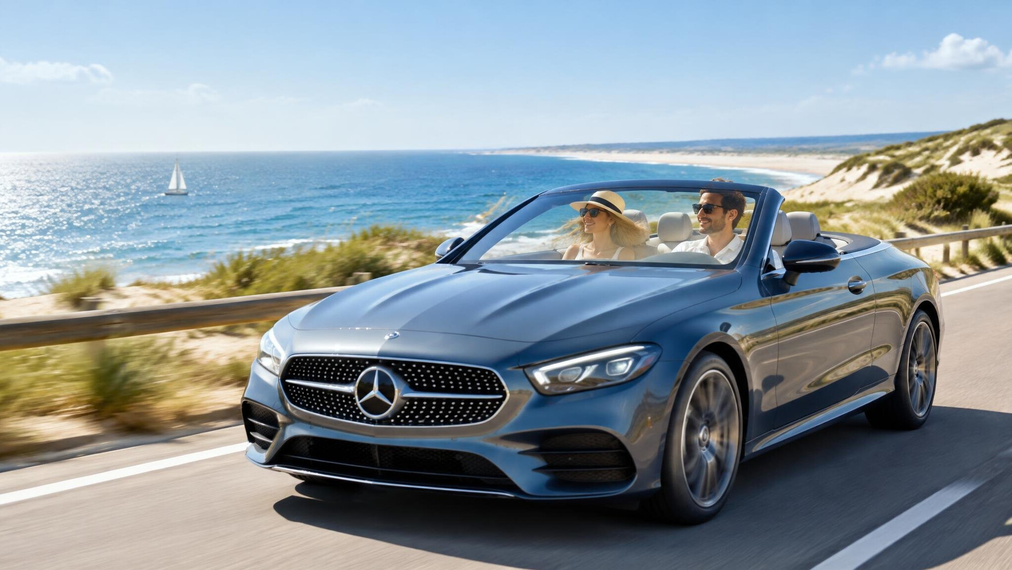 Luxury car driving on a summer coastal road