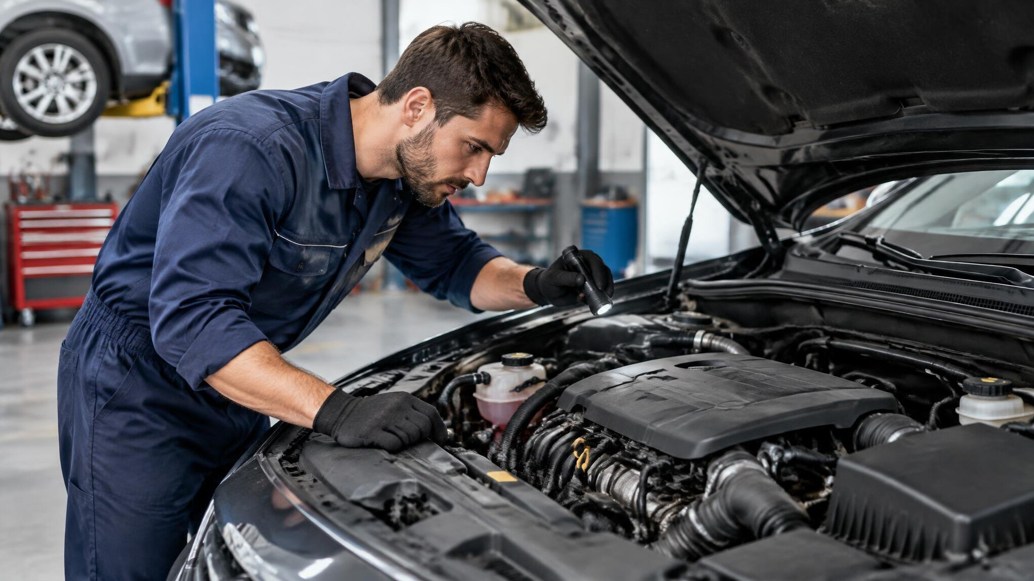 mechanic checking car engine