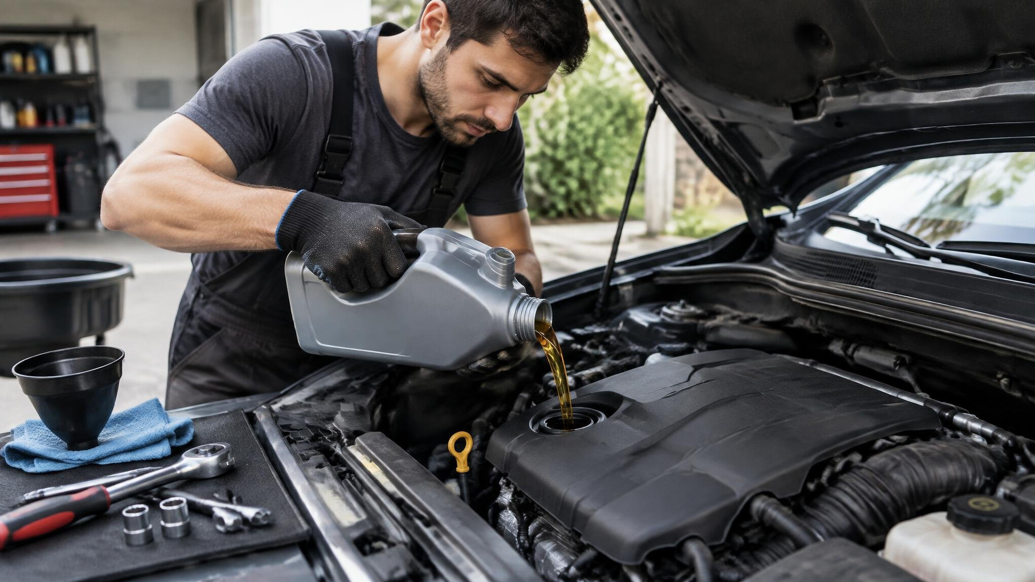 person changing car oil