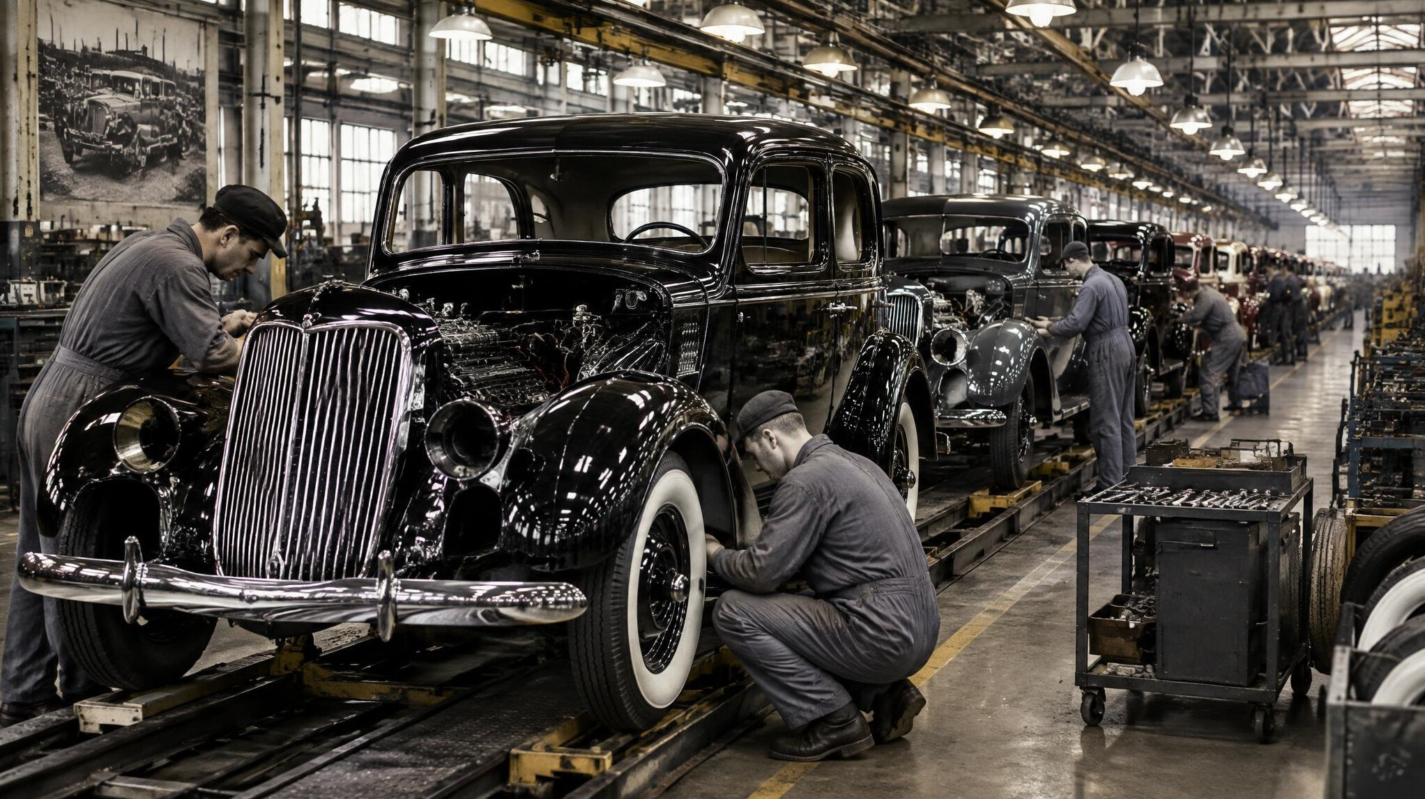 vintage car assembly line