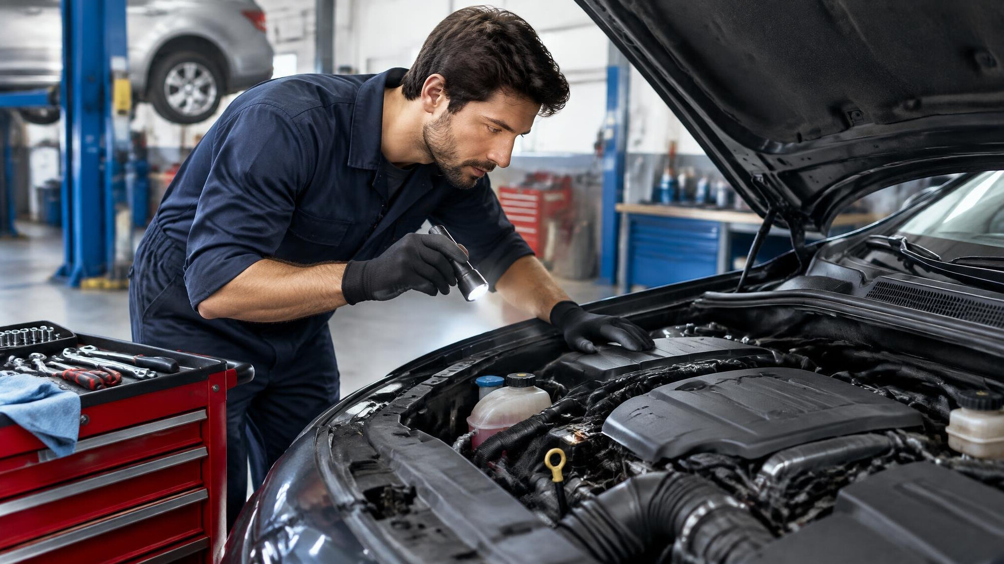 mechanic checking car engine